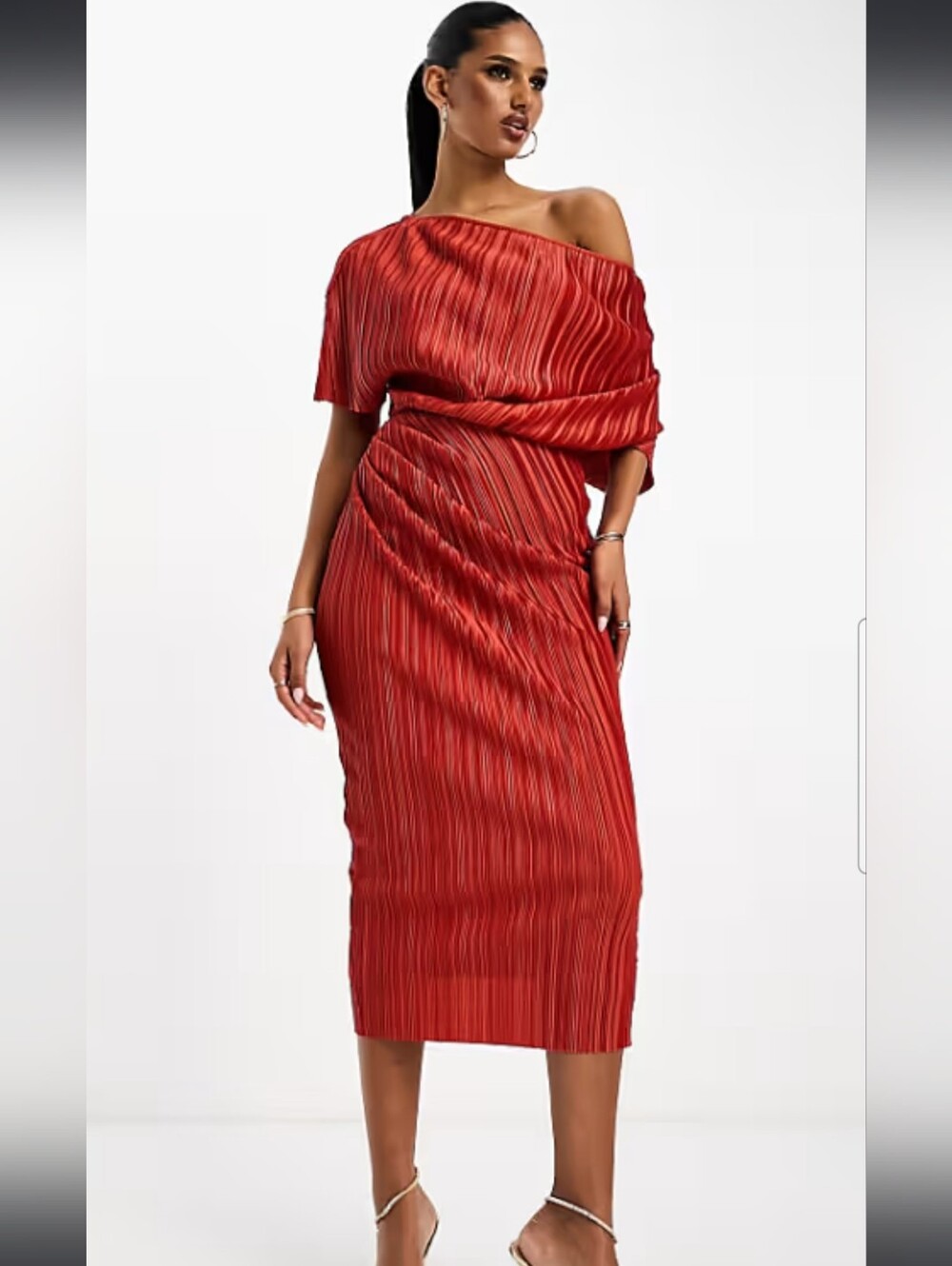 NWT ASOS Plisse Fallen Shoulder Rust Color Pleated Midi Dress Size 6